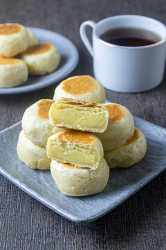 Authentic Bakpia Kacang Hijau or bakpia with mung bean filling, a popular sweet snack from Yogyakarta Indonesia on a plate
