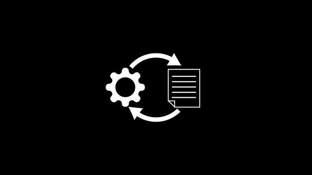 White gear and document with circular arrows indicating process flow and data synchronization on a black background