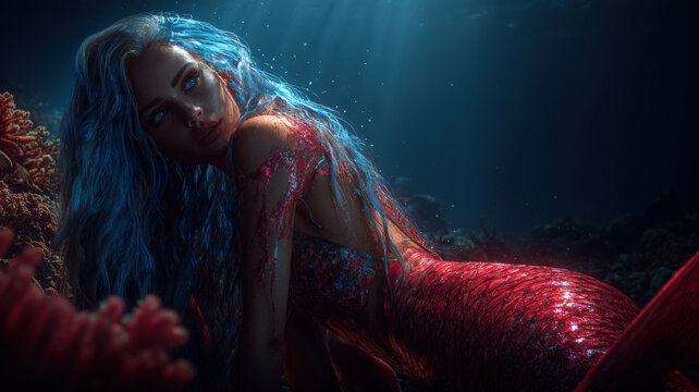 Fantasy, mysterious, wallpaper. A vivid underwater portrait of a mermaid, captured in a side profile. The mermaid has long, flowing blue hair and wears a shimmering, red, sequined mermaid tail.
