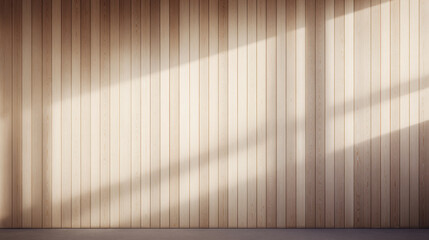 Fototapeta premium Wood wall with vertical panel and soft sunlight shadow in interior room, clean natural wood texture for background and architectural design