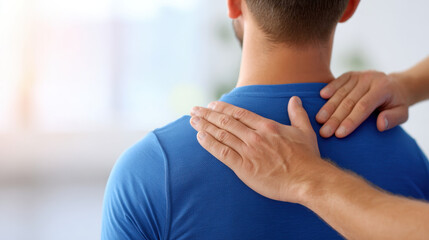 Physiotherapist examining male back in clinic, manual therapy for spine pain and muscle tension with hands on shoulder and neck