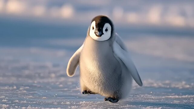 Adorable little penguin runs playfully on icy frozen ground outdoors