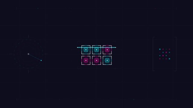 Digital grid interface animation with glowing neon geometric boxes