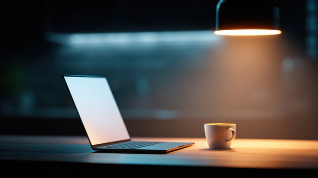 Quiet midnight workspace with empty desk, laptop, coffee cup, and warm lamp light