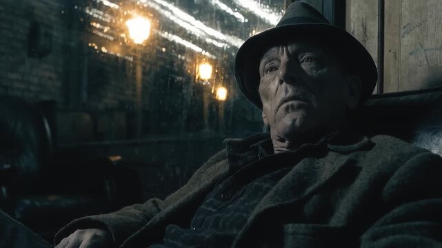 Elderly Man in Fedora Hat Sitting in Leather Chair by Rainy Window, Pensive Mood in Dim Moody Lighting
