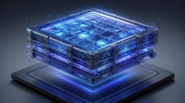 Futuristic quantum computer processor glowing with blue light on dark background.