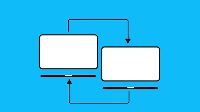 Two stylized computer monitors with blank white screens sit on black stands, connected by black arrows indicating a bidirectional data flow against a vibrant blue background, representing