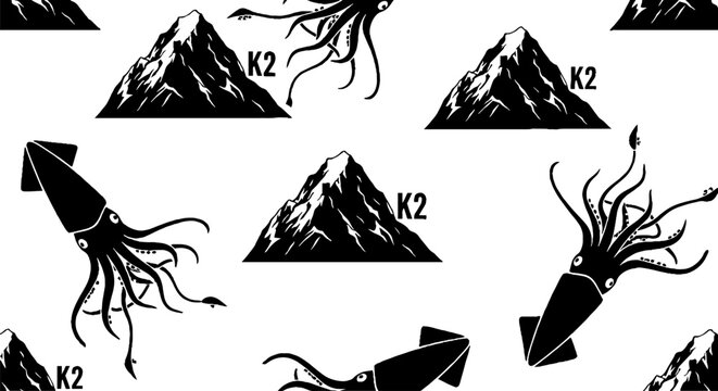 Black Ink Style Squid and Mountain Pattern Artwork Design.
