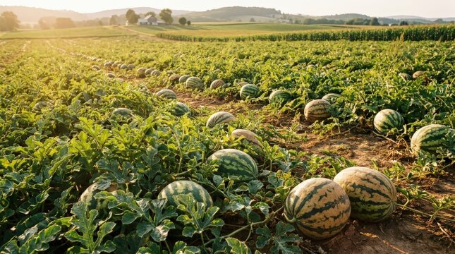 Abundant Watermelon Vines Covering A Sunlit Field With Scattered Ripening Fruit Under A Warm Golden Hour Sky, Providing An Extensive Cinematic Widescreen View Of Rural Sustainable Agriculture.