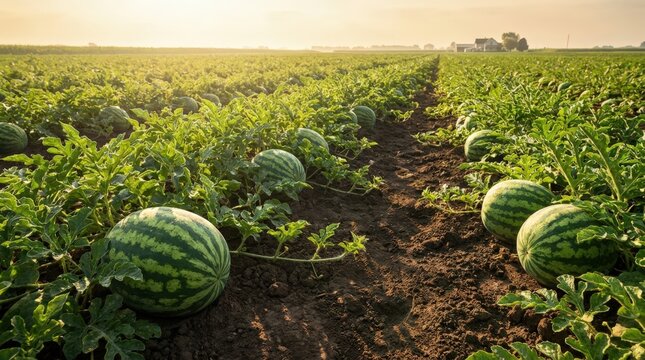 Beautiful close and wide view of a fertile watermelon patch with mature fruit growing in neat rows, showcasing a vibrant agricultural landscape captured in stunning 36 gigapixel detail.