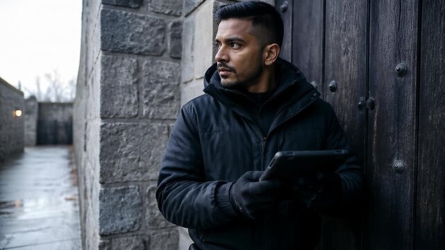 Man in Tactical Jacket Holding Tablet Near Wooden Door, Pensive Look, Urban Setting