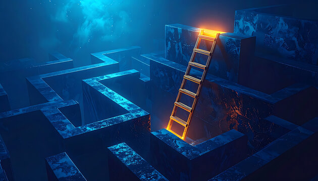 Glowing ladder leads through dark digital maze, symbolizing a breakthrough or solution, abstract technology concept