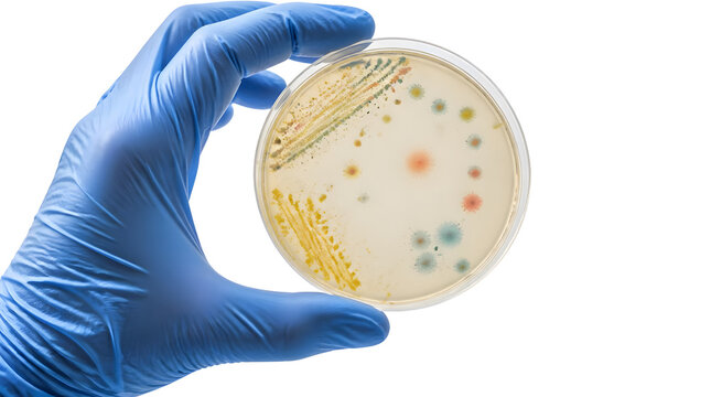 Scientist Holds Petri Dish with Colorful Bacterial Colonies and Growth
