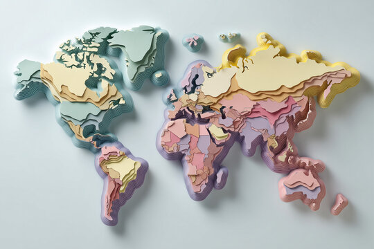 Creative 3D world map design featuring multi-colored pastel terrain segments, international diversity and unity concept, 다채로운 파스텔 지형 세그먼트가 특징인 크리에이티브 3D 세계 지도 디자인, 국제적 다양성 및 통일성 개념