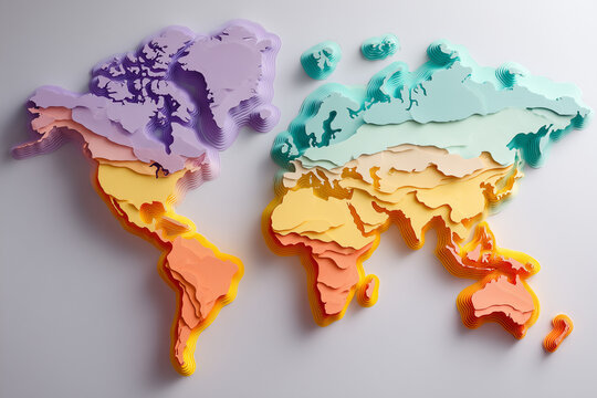 Colorful 3D papercut world map with soft purple and mint green terrain layers, modern abstract education backdrop, 연보라와 민트 그린 지형 레이어가 포함된 컬러풀 3D 페이퍼컷 세계 지도, 모던 추상 교육용 배경