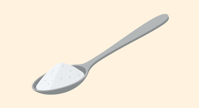 Flat vector illustration of a silver metal teaspoon filled with a mound of white granulated sugar or salt, isolated on a light beige background for cooking and nutrition concepts.