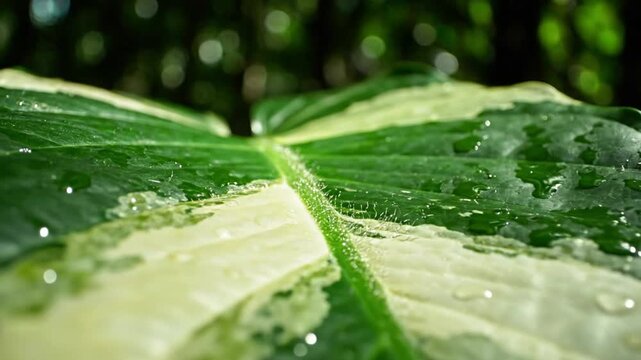 Close-up of a vibrant variegated plant leaf, showcasing nature's beauty with water droplets in a tranquil outdoor scene