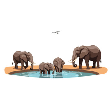 Vector illustration of an African elephant family including two adults and two calves drinking water from a circular desert pond on a white background with a flying bird.