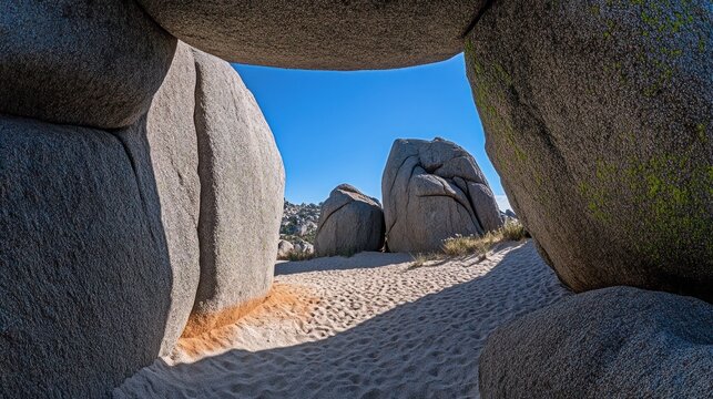 Large stones and sand under a clear sky.