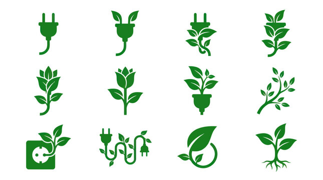 Green electrical plug icons evolving into growing plant leaves.