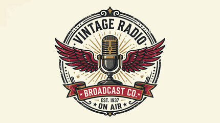 Naklejka premium Vintage radio broadcast logo design with wings and ornamental elements