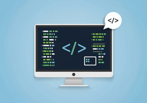 Flat vector illustration of a desktop computer monitor screen displaying abstract lines of programming code with syntax highlighting and a large central coding bracket symbol.