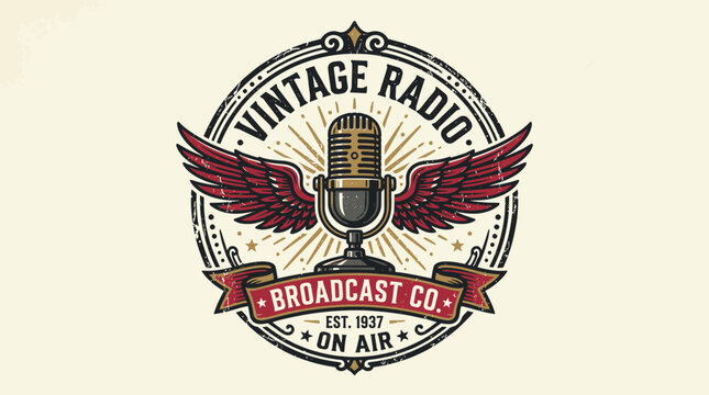 Vintage radio broadcast logo design with wings and ornamental elements