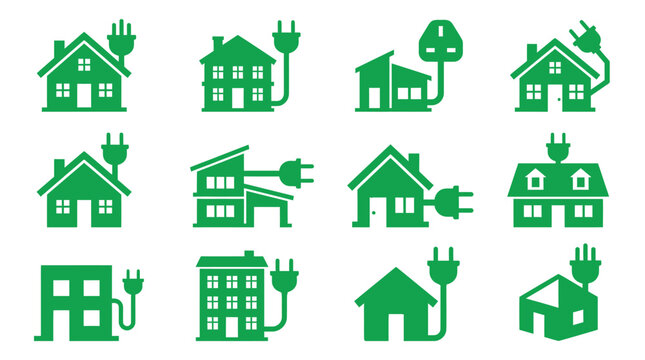 Green house icons with electric power plug symbols.