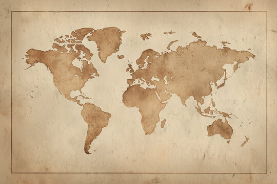 Minimalist vintage world map outline on aged parchment texture background, classic elegant cartography layout, 오래된 양피지 질감 배경 위의 미니멀한 빈티지 세계 지도 윤곽, 클래식하고 우아한 지도 제작 레이아웃