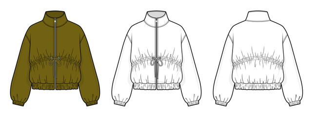 Oversized Bomber Jacket Technical Fashion Illustration. Zip Front Jacket Vector Template. Adjustable Drawcord Channel Detail. Stand Collar. Elastic Hem and Cuffs. Front and Back View. CAD Mockup Set. © aiven studio