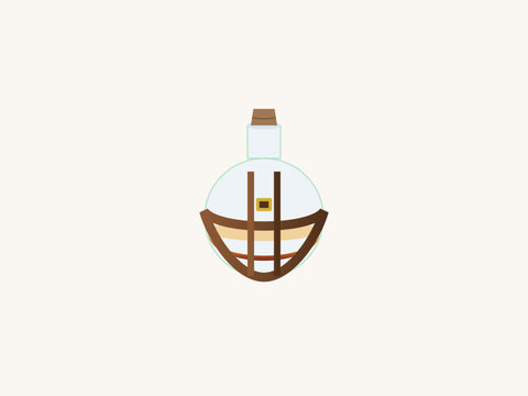 Medieval alchemy potion bottle vector illustration. Rustic glass flask wrapped in leather straps with bronze buckle, amber magic elixir RPG asset isolated.