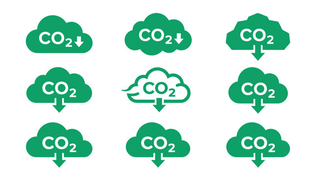 Large green CO2 reduction cloud icons on white background.