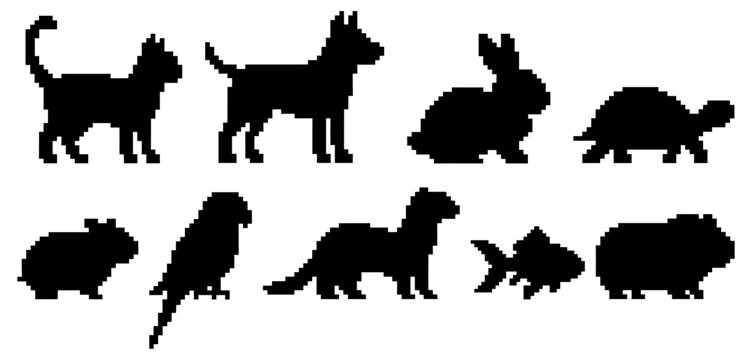 Pixel art pet icon set, 8-bit retro animal silhouettes, featuring vector illustrations of dogs, cats, iguanas, hamsters, guinea pigs, birds, fish, turtles, and rabbits, pet vector illustrations