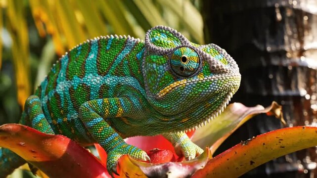 Close up view of a colorful chameleon perched on a vibrant bromeliad plant with lush green foliage and tropical background