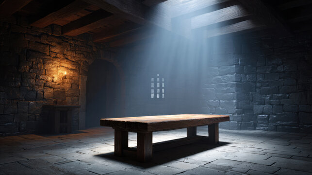 Medieval interrogation room with wooden table and stone wall, dim light in empty dungeon chamber
