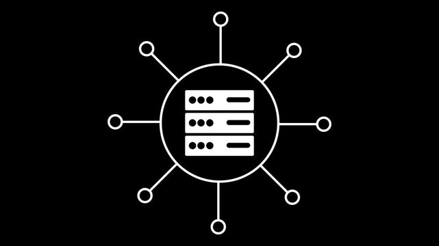 White of a Server Rack with Connected Nodes Representing Data Network or Cloud Computing on a Black Background with a Clean Minimalist Style