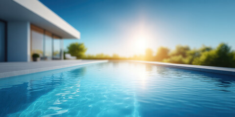Fototapeta premium Outdoor swimming pool modern house sunny day blue water luxury home backyard patio architecture reflection landscape