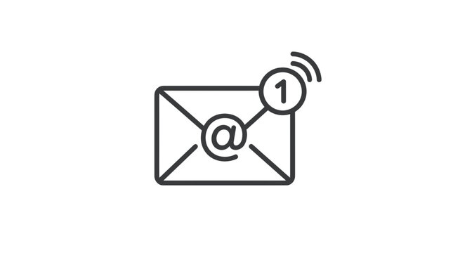 Email Notification Icon: New Message Alert, Inbox Symbol with @ and Signal Waves
