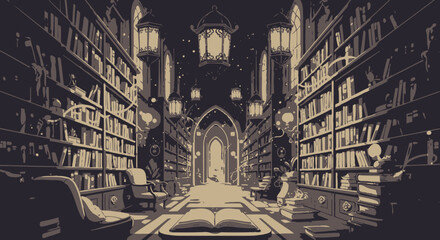Elegant library interior illustration featuring bookshelves and lanterns © Gunting