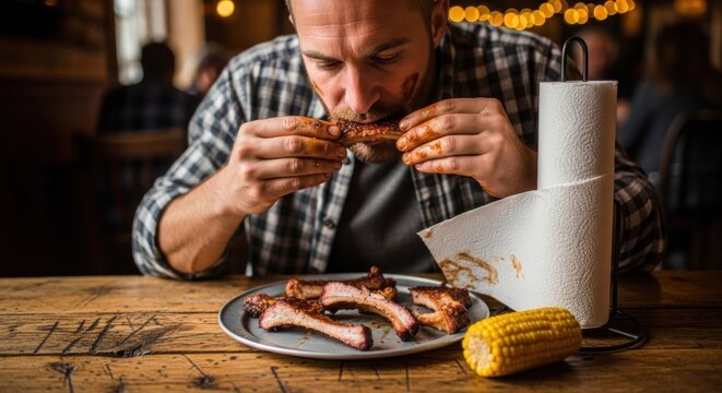 Man Enjoying Barbecue Ribs and Corn.