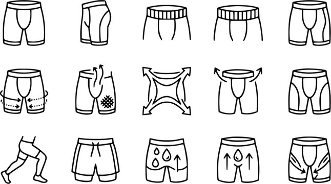Men's Underwear and Sportswear Features Line Art Icons Set. Outline Vector Glyphs for Boxer Briefs, Athletic Shorts, Comfort, Support, and Performance Apparel.