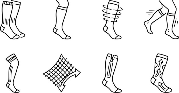 Compression Socks Icon Set Line Art, Medical Wear, Stockings for Health and Sport