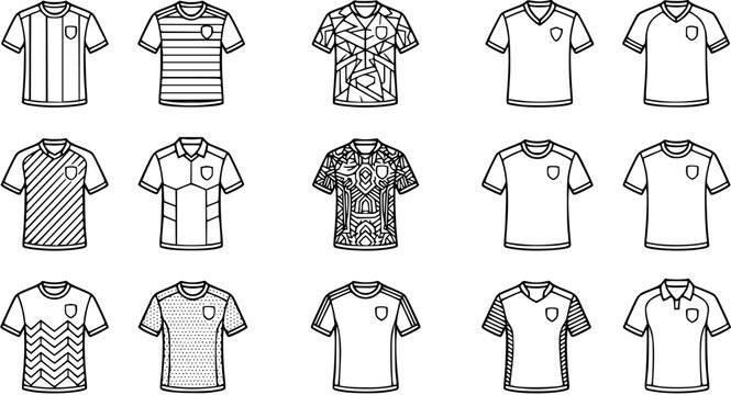 Black and White Line Art Collection of Soccer Jerseys in Various Designs