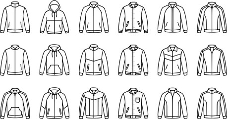 Black and White Line Art Icons of Various Jackets and Hoodies © vectorcorp