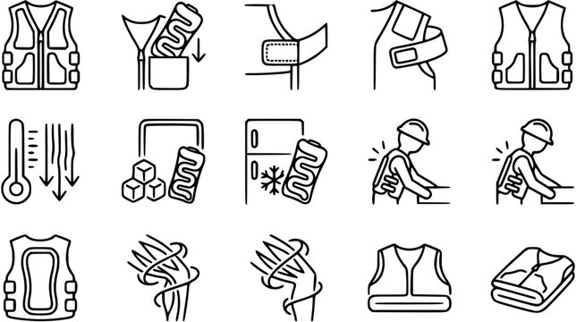 Cooling Vest Icons: Heat Stress Prevention for Outdoor Workers, Line Art