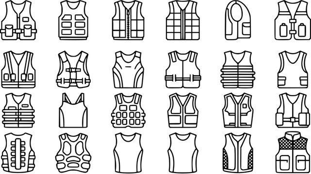 Black and White Line Art Icons of Various Safety Vests and Life Jackets