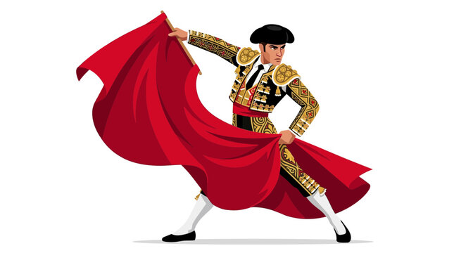 Matador in traditional costume performing with a red cape during a bullfight.