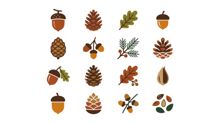 Autumn nature icons featuring acorns, pinecones, and oak leaves. © Satria