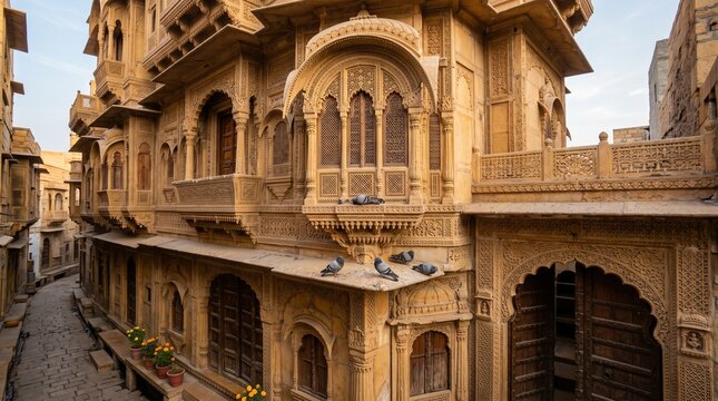 Rajasthani haveli carved sandstone facade with jharokha window