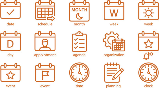 Set of calendar and time management line art icons for business and personal organization with calendar schedule appointment management organizer deadline reminders business planning workflow